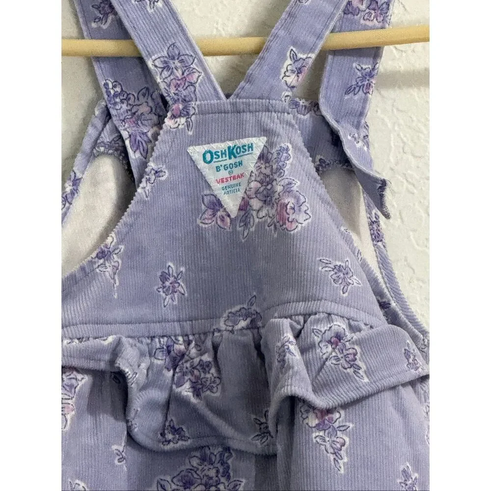 Vintage OshKosh Bgosh Girls Lavender Floral Corduroy Overalls Made in USA 6